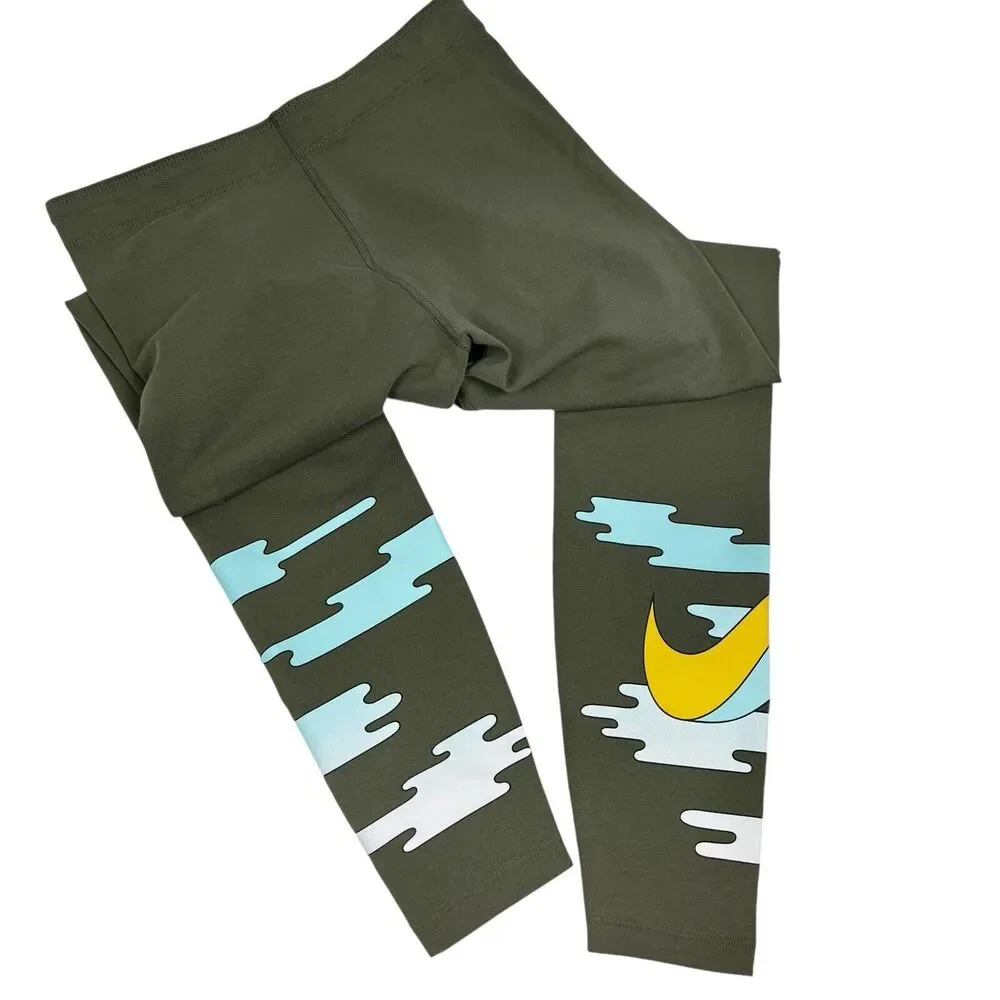 Nike Icon Clash Olive Green Art Swoosh Graphic High Rise Leggings Women’s Small